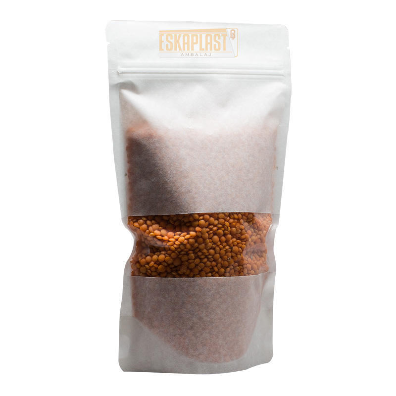 सफेद काउहाइड बैग (खड़ा बैग) छोटे विंडो के साथ, कस्टम मुद्रित ज़िपर, क्राफ्ट पेपर स्टैंडिंग बैग/खाद्य पैकेजिंग बैग